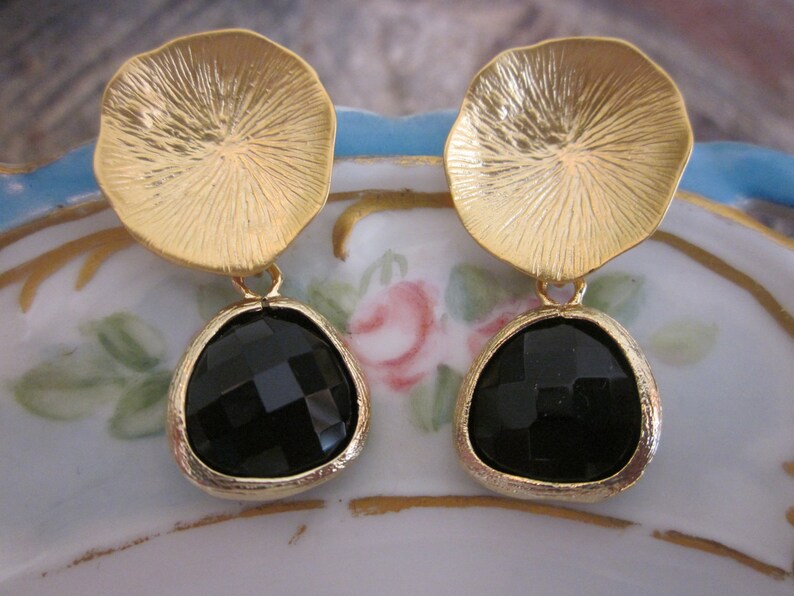 Black Onyx Earrings with Gold Mushroom Coral Bridesmaid Earrings Bridal Earrings image 2