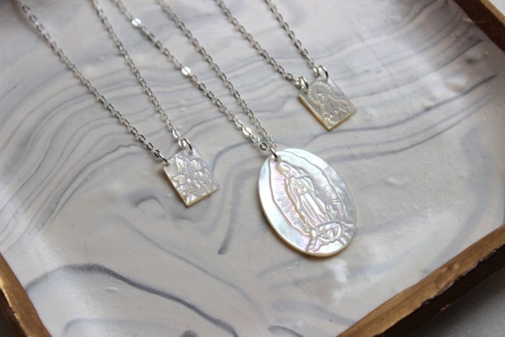 mother of pearl virgin mary necklace