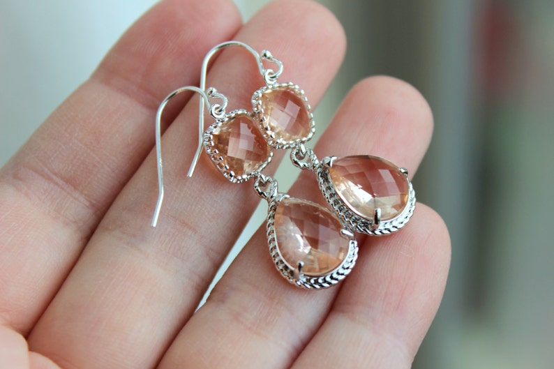 Blush Champagne Earrings Peach Pink Silver Earrings Teardrop Etsy