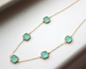 Aqua Blue Mint Necklace Gold Plated - Mint Wedding Jewelry - Mint Bridesmaid Jewelry - Bridesmaid Necklace - Something Blue Bridesmaid Gift