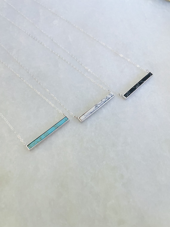 Howlite Necklace Bar Necklace Silver Howlite Jewelry Marble Bar