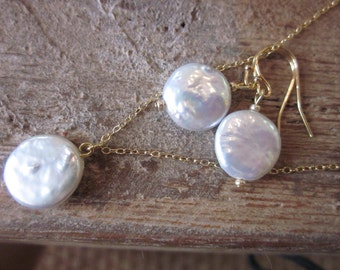 Freshwater White Coin Pearl Jewelry SET - Necklace Earrings - 12mm Coin Pearls on Gold Filled Chain and Earwires