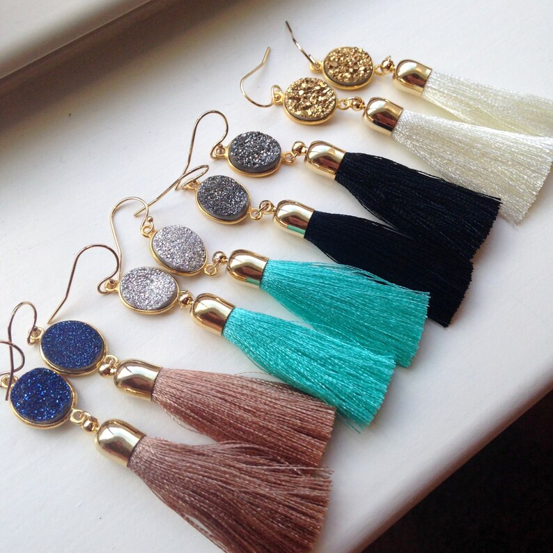 Jewelry Gift, Gold Tassel Earrings, Druzy Jewelry, Gold Druzy Earrings, Statement Earrings, Fringe Earrings Wanderlust Jewelry 30th birthday image 3