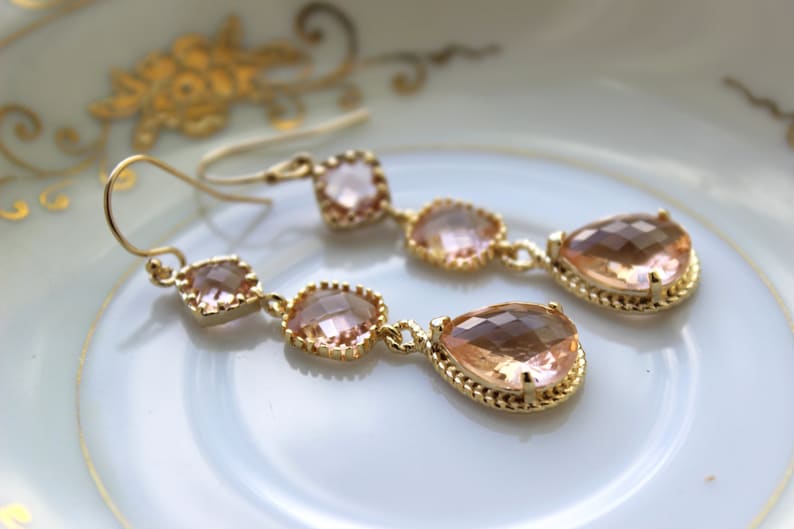 Champagne Blush Earrings Gold Three Tier Peach Blush Etsy