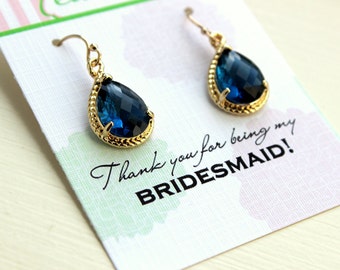 Pendientes de zafiro azul marino Teardrop oro - bridesmaid pendientes - dama de honor gracias tarjeta de nota - joyería de boda de zafiro - algo azul