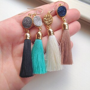 Jewelry Gift, Gold Tassel Earrings, Druzy Jewelry, Gold Druzy Earrings, Statement Earrings, Fringe Earrings Wanderlust Jewelry 30th birthday image 4