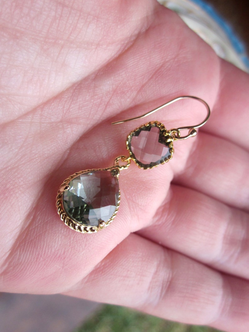 Charcoal Gray Earrings Gold Earrings Teardrop Glass Two Tier Bridesmaid Earrings Wedding Earrings Wedding Jewelry image 3