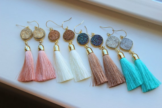 Gold Druzy Earrings Tassel Fringe Druzy Earrings Drusy Jewelry Christmas Gift Tassel Statement Jewelry Gold Fringe Jewelry Tassel