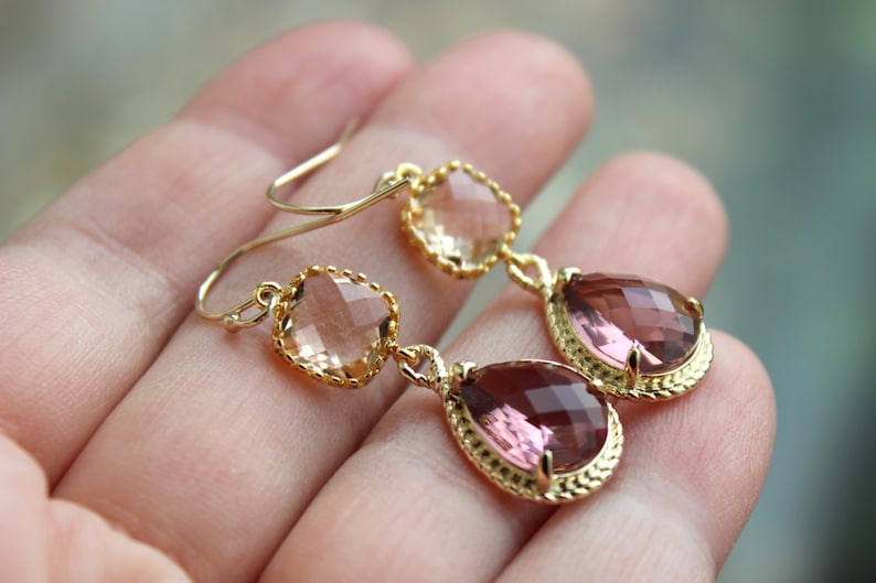 Blush Champagne Eggplant Earrings Gold Purple Earrings Two Etsy