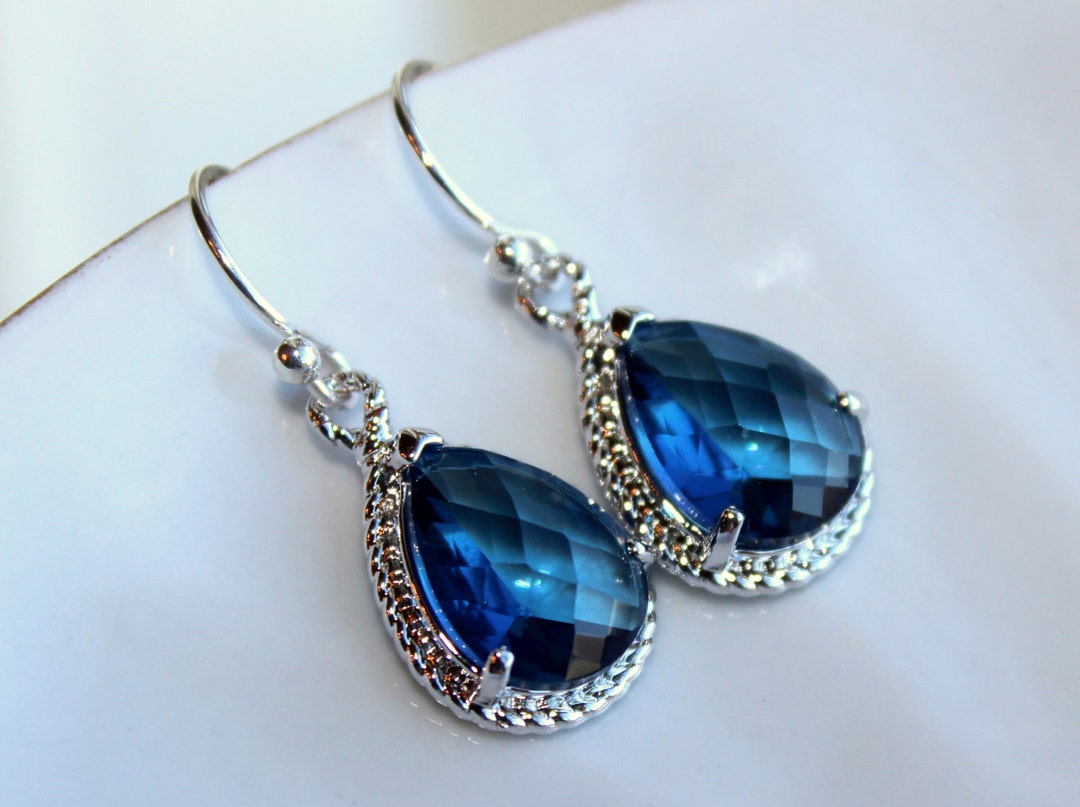 Sapphire Earrings Navy Blue Teardrop Silver Jewelry Blue Bridesmaid ...
