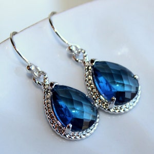 Sapphire Earrings Navy Blue Teardrop Silver Jewelry Blue Bridesmaid ...