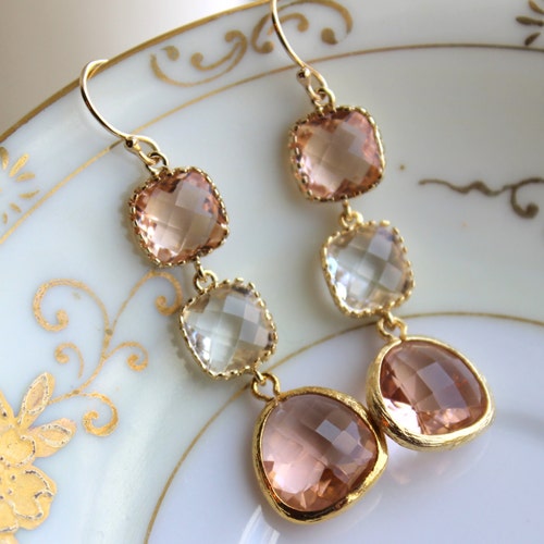 Blush Champagne Crystal Earrings Gold Three Tiered Jewelry Etsy