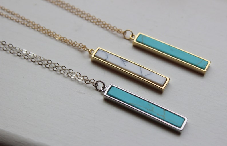 Howlite Necklace, Howlite Jewelry, Marble Necklace, Vertical Bar Necklace, Silver Turquoise Necklace, Dainty Gold Necklace, Bridesmaid Gift image 2