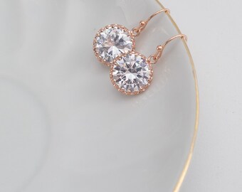 Rose Gold Crystal Clear Round Earrings - CZ Crystal Jewelry Bridesmaid Earrings Bridal Earrings Wedding Earrings Bridesmaid Jewelry