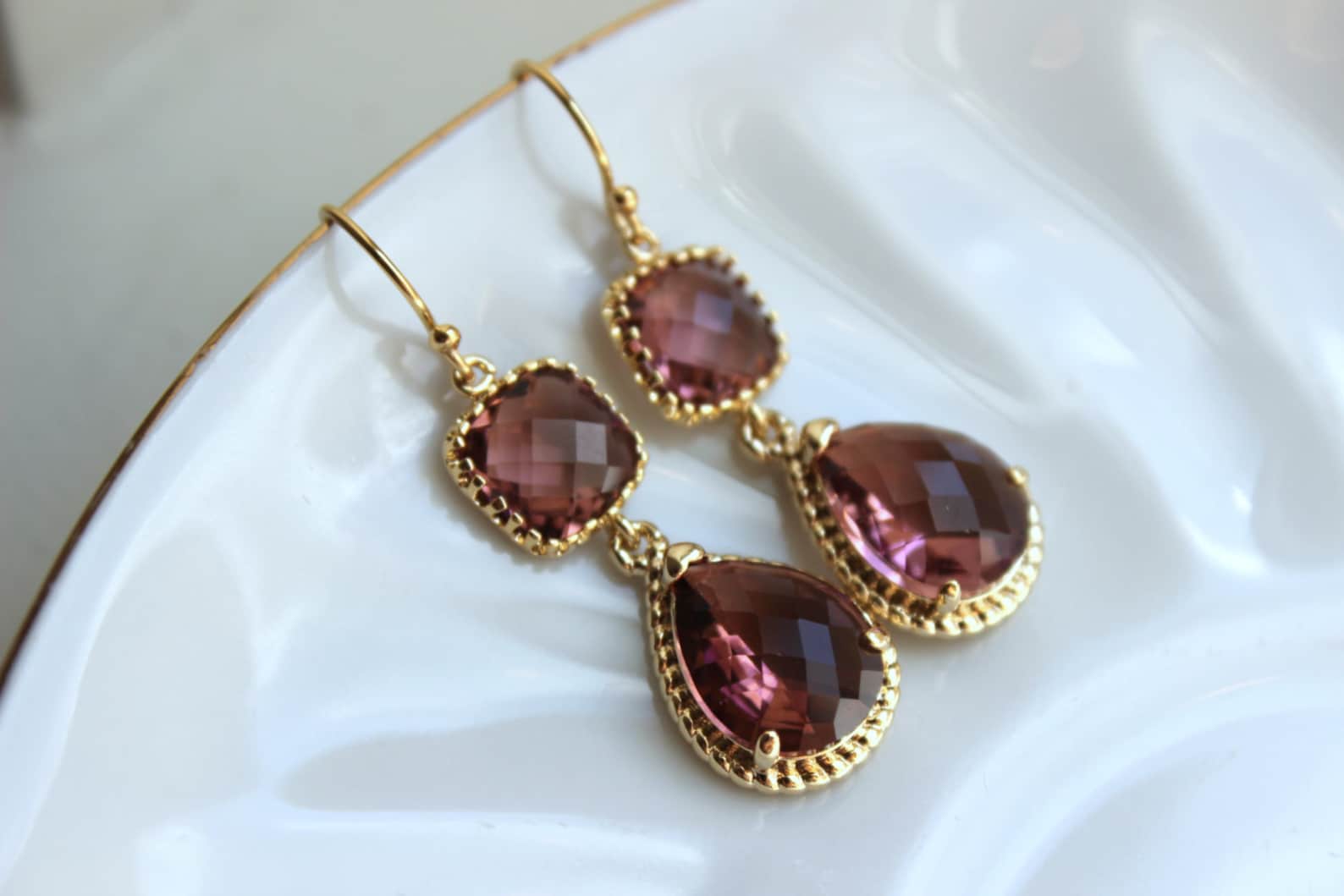 Gold Eggplant Earrings Gold Purple Earrings Two Tier Plum Etsy
