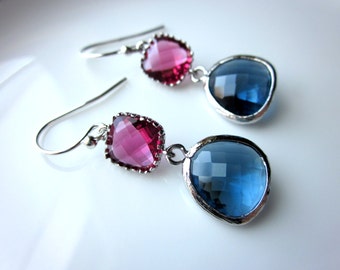 Blue Sapphire Navy Earrings Fuchsia Pink Silver Glass Gems Sterling Silver Earwires Bridesmaid Earrings - Wedding Earrings - Wedding Jewelr