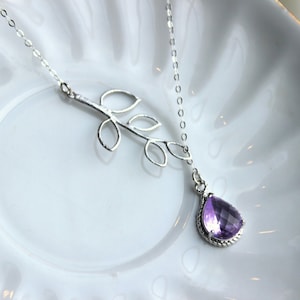 Lavender Lariat Necklace Purple Lilac Lariat Leaf Silver Necklace Bridal Necklace Bridesmaid Lariat Necklace Bridesmaid Jewelry Wedding image 1