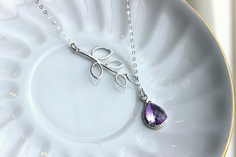 Lavender Lariat Necklace Purple Lilac Lariat Leaf Silver Necklace Bridal Necklace Bridesmaid Lariat Necklace Bridesmaid Jewelry Wedding image 1