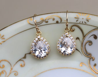 Gold Crystal Earrings Teardrop Clear Jewelry - Bridesmaid Earrings Bridal Earrings Crystal Wedding Earrings Bridesmaid Jewelry Wedding Gift