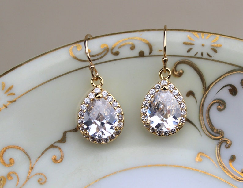 Gold Crystal Earrings Teardrop Clear Jewelry Bridesmaid - Etsy