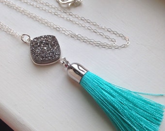 Sterling Silver Gray Druzy Tassel Necklace - Turquoise Blue Tassel Necklace - Silver Gray Druzy Jewelry - Turquoise Tassel Jewelry