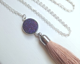 Sterling Silver Purple Druzy Tassel Necklace - Beige Tan Tassel Necklace - Silver Purple Druzy Jewelry - Beige Tassel Jewelry