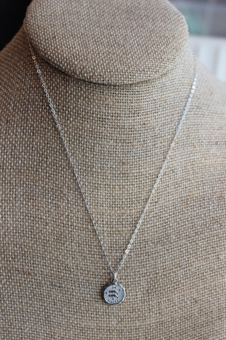 Puede incluir: Un collar de cadena de plata con un peque&ntilde;o dije de plata con el s&iacute;mbolo astrol&oacute;gico de Piscis. El collar se muestra en un maniqu&iacute; de arpillera marr&oacute;n.
