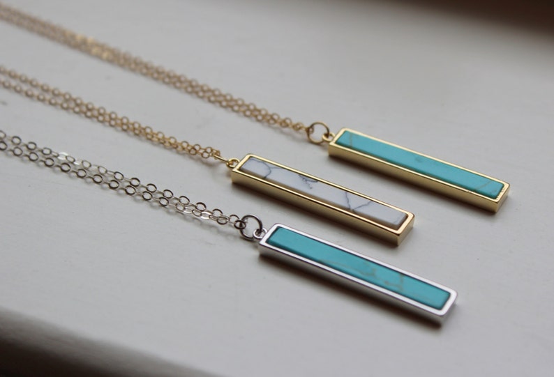 Howlite Necklace, Howlite Jewelry, Marble Necklace, Vertical Bar Necklace, Silver Turquoise Necklace, Dainty Gold Necklace, Bridesmaid Gift image 1