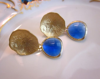 Cobalt Blue Earrings Gold Mushroom Coral - Bridesmaid Earrings - Wedding Earrings - Bridesmaid Jewelry Cobalt