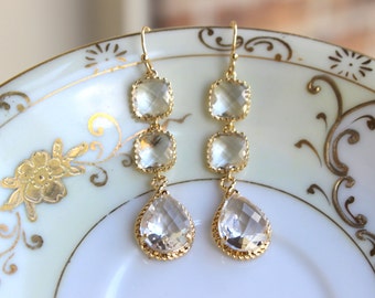 Crystal Earrings Gold Plated Clear Three Tier - Crystal Bridesmaid Jewelry - Wedding Earrings - Crystal Bridal Earrings - Christmas Gift