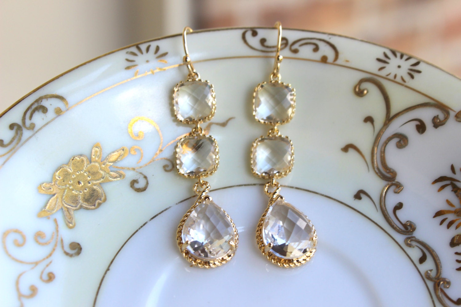 Crystal Earrings Gold Plated Clear Three Tier Crystal Etsy