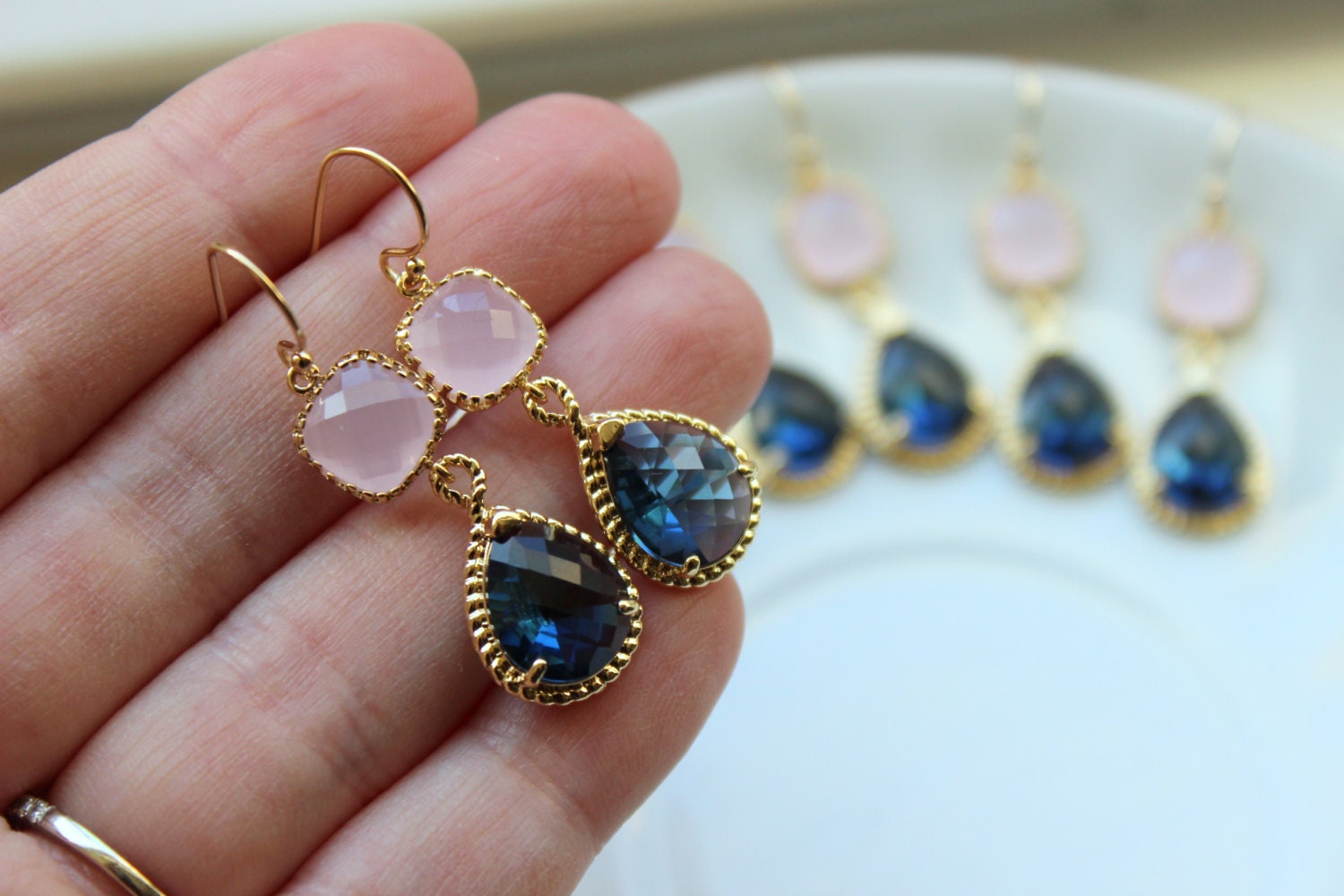 Sapphire Blue Pink Opal Earrings Gold Blush Pink Navy Earrings | Etsy