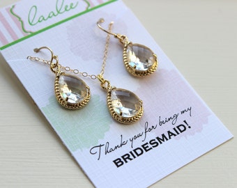 Clear Crystal Necklace and Earring Set Crystal Jewelry Set - Personalized Card Thank you for being my bridesmaid Crystal Bridesmaid Jewelry