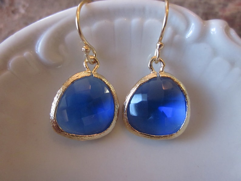 Cobalt Blue Earrings Gold Bridesmaid Earrings Wedding Earrings Valentines Day Gift image 1