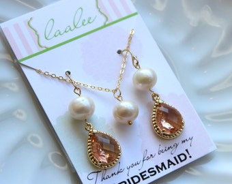 Gold Freshwater Pearl Jewelry Set Champagne Blush Earrings Necklace Set - Gold filled chain - Pink Peach Jewelry Set Gold