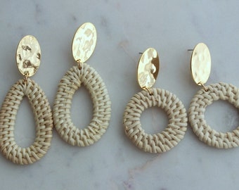 Gold Straw Earrings, Rattan Earrings, Rattan Jewelry, Straw Jewelry, Boho Earrings, Bohemian Earrings, Statement Earrings, Woven Earrings