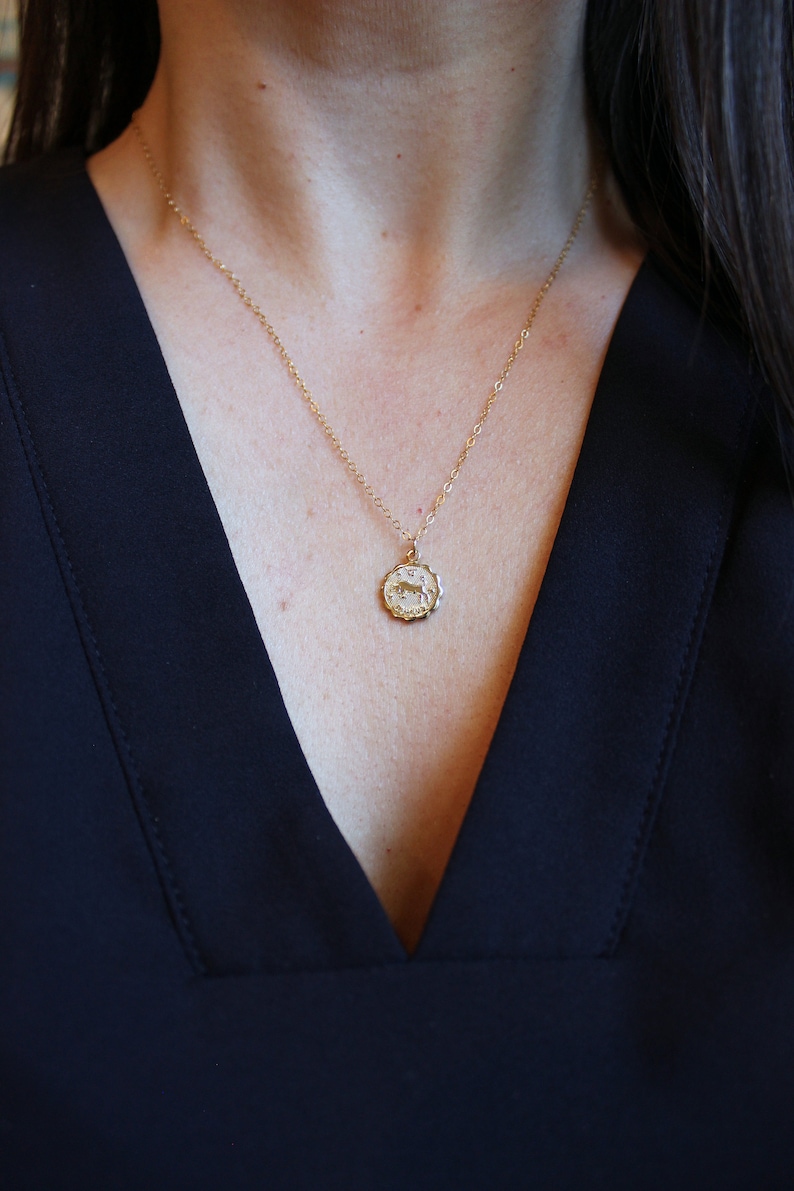May include: A gold chain necklace with a small, round pendant featuring a zodiac symbol. The pendant has a textured, ornate design.