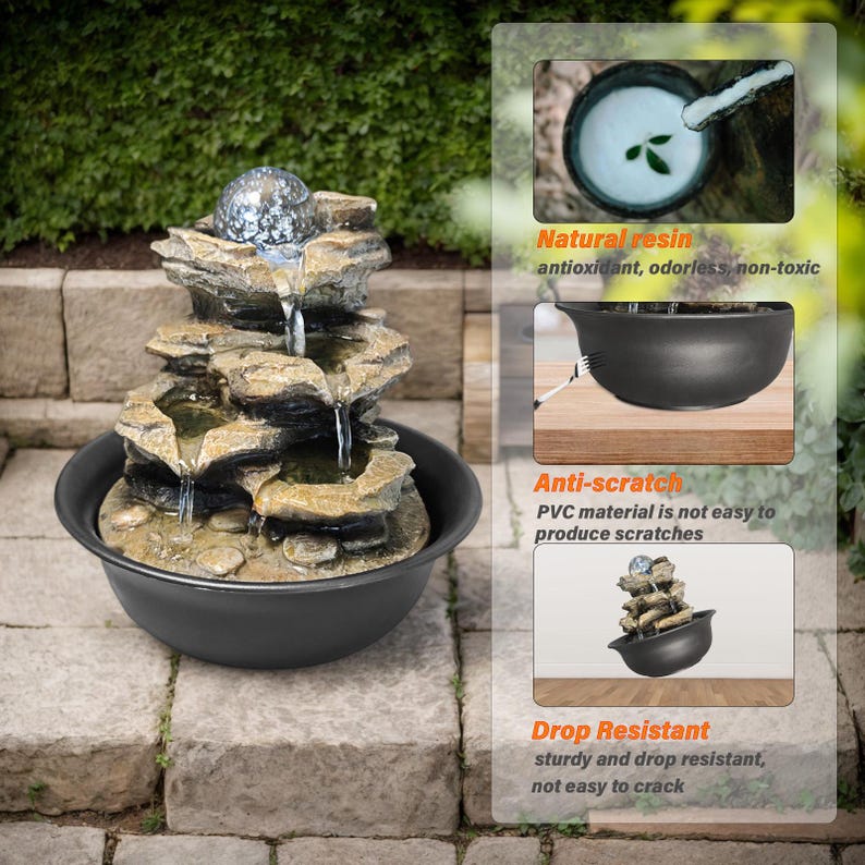May include: A multi-tiered water fountain with a rock design, creating a cascading waterfall. The fountain has a black bowl base and a decorative glass ball. The image highlights the fountain's natural resin, anti-scratch, and drop-resistant qualities.