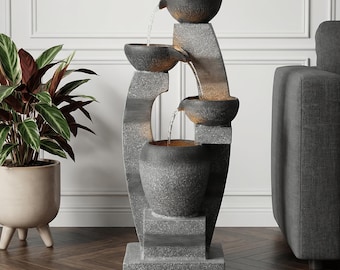 35.5"H Outdoor Waterfall Fountain with LED Lights, Modern Outdoor Resistant Freestanding Water Feature