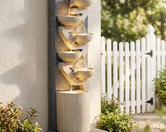 46.9" Outdoor Fountain, Six-Column & Bowls Water Feature with LED Lights