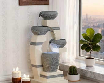 21.7" Tall Indoor Water Fountain, 4-Tiered Tabletop Resin Cascading Rock Bowls Fountain with LED Light