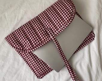 Handmade Bordeaux Gingham Quilted Laptop Sleeve, Ribbon Closure Tablet Cover