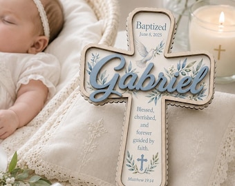 Personalized Baptism Cross with Name, Wooden Christening Gift for Baby