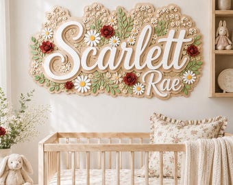 Red Rose Floral Name Sign & Birth Stat Set, Personalized Wood Nursery Decor