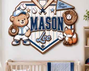 Baseball Bear Nursery Name Sign, Personalized Wood Sports Wall Decor