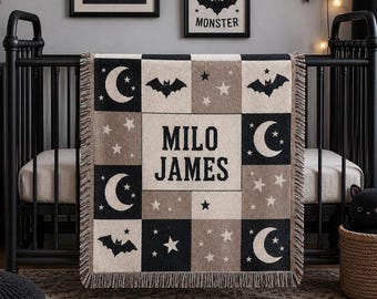 Personalized Moon Bat Halloween Baby Blanket, Woven Nursery Gift
