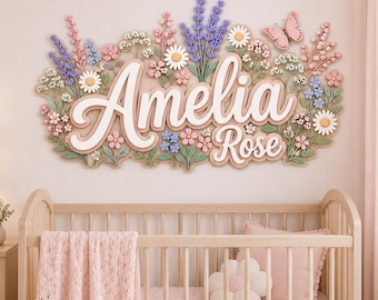 Floral Butterfly Personalized Name Sign, 3D Wood Nursery Decor, Baby Gift