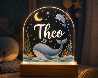 Personalized Whale Night Light, Ocean Nursery Decor, Custom Name Lamp