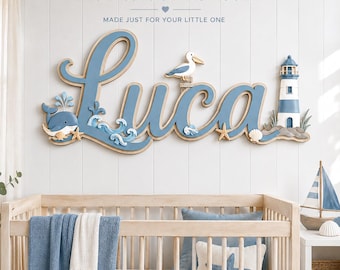 Personalized Lighthouse Whale Nursery Name Sign, Custom Coastal Wood Decor