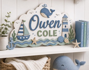 Personalized Whale Name Sign, 3D Wood Baby Decor, Coastal Nautical Nursery Above Crib
